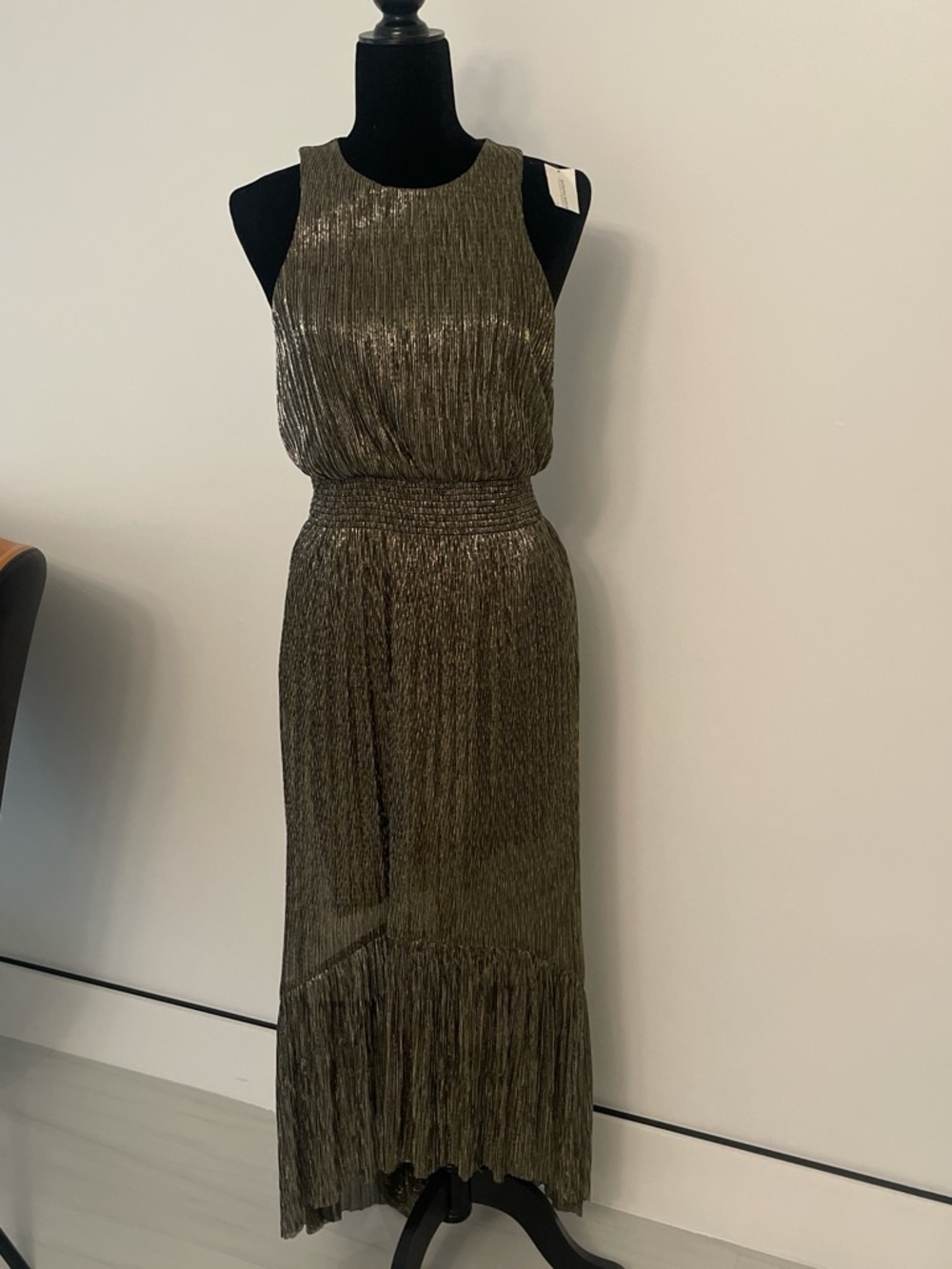 Banana Republic Metallic Olive Green Pleated Sleeveless Maxi Dress